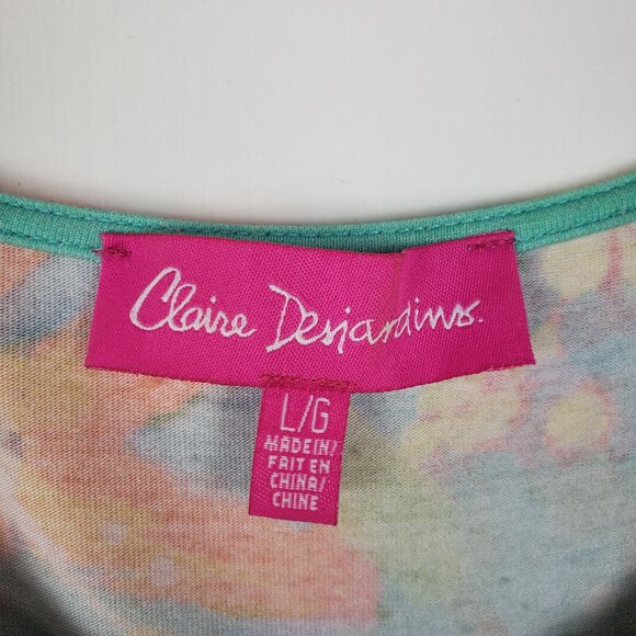 Claire Desjardins Bright Floral Short Sleeve Top Pink Green Jersey Knit Size L - Picture 4 of 8